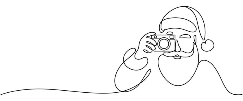soltero línea Arte de Papa Noel claus participación un cámara y tomando un foto continuo línea vector
