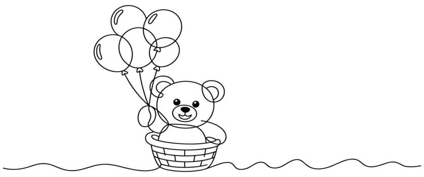 One Line Drawing of a Teddy Bear in a Basket with Balloons on White Background continuous line vector