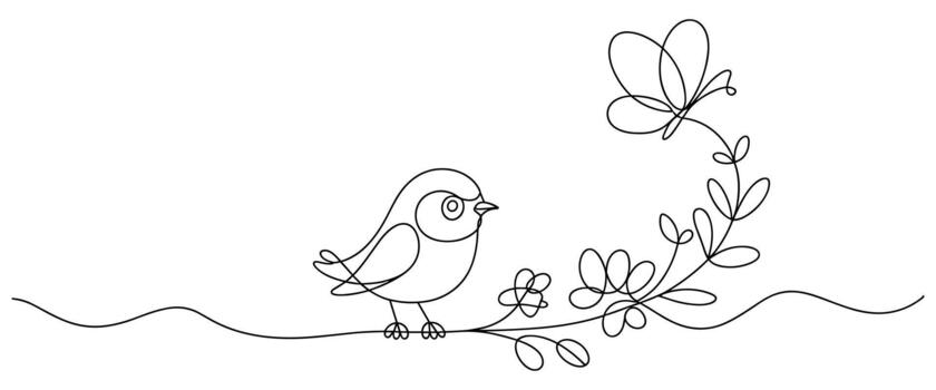 Continuous Line Drawing of a Bird on a Branch with a Butterfly and Flowers on a White Background vector