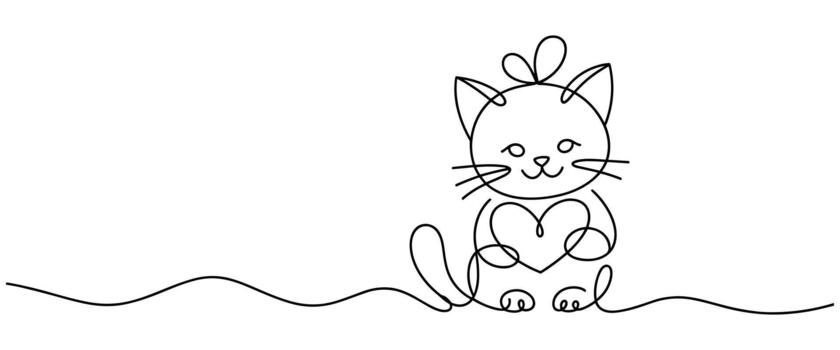 Continuous Line Art of a Cat Holding a Heart on White Background one line drawing vector