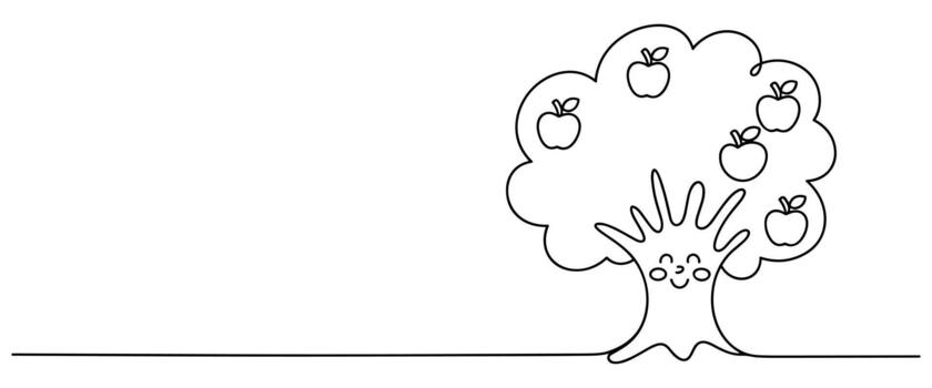 caprichoso manzana árbol con un sonriente cara en uno línea dibujo estilo Fruta naturaleza vector