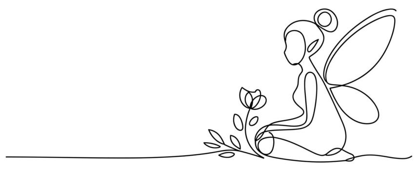 One Line Drawing of a Fairy with Wings and Flower on White Background continuous line vector