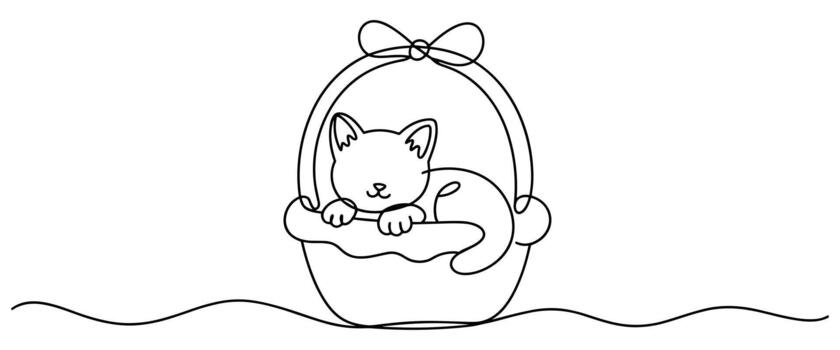 Continuous Line Drawing of a Cute Kitten in a Basket with a Bow on a White Background vector