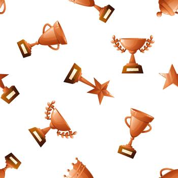 Seamless pattern of trophies and medals in a bronze color on a white background. Various trophy shapes and star designs are scattered throughout the pattern. vector
