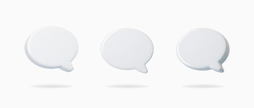 White 3D speech bubble icons with clean rounded shapes. Minimal chat balloons for messages, comments, notifications and UI design. Soft isolated render on light background vector