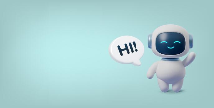 linda 3d robot ondulación con habla burbuja diciendo Hola. simpático ai chatbot personaje en limpiar antecedentes. moderno digital asistente ilustración para tecnología, aplicaciones y cliente apoyo vector