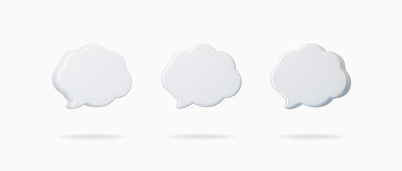White 3D speech bubble cloud icons with soft rounded shapes. Minimal chat balloons for messages, comments, notifications and UI design. Clean isolated render on light background vector