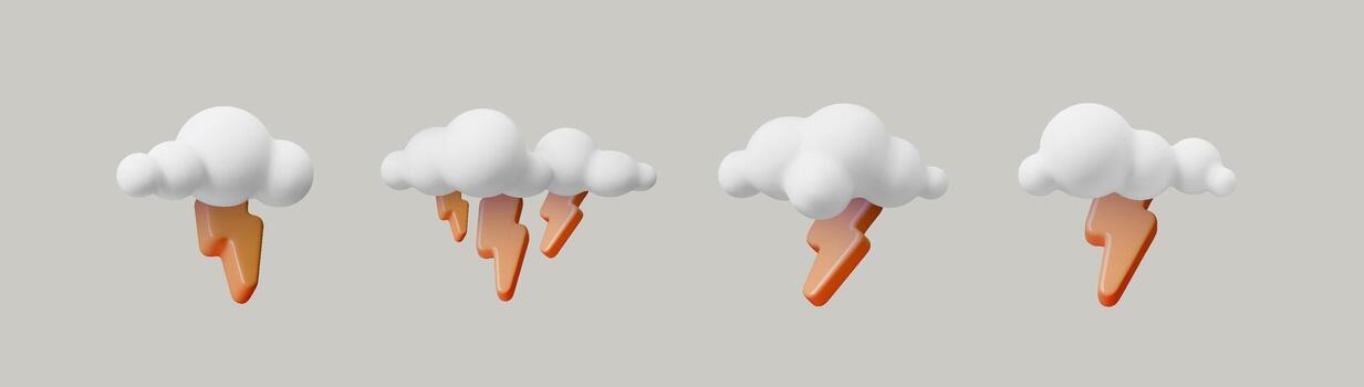 3D lightning cloud icons with soft white clouds and matte yellow bolts. Minimal weather symbols for storm, thunder and forecast visuals. Clean isolated render for apps, stickers and modern design vector