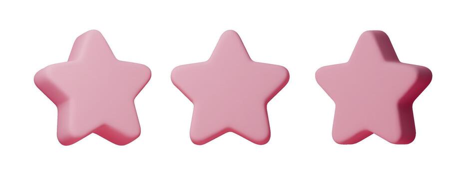 Pink 3D star icon set with soft cartoon shapes. Cute pastel stars for rating, review, UI design and decoration. Isolated render with glossy finish and modern abstract style vector