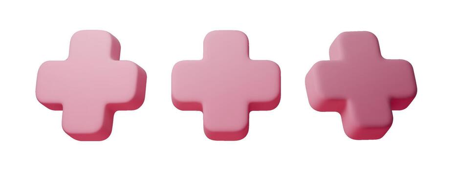 Soft pink 3D plus icons with smooth matte shapes. Minimal symbols for UI, stickers, buttons, health and design elements. Clean isolated render with modern rounded style vector