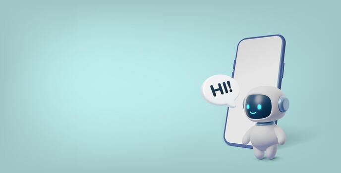 Cute 3D AI robot with a smartphone and Hi speech bubble. Friendly virtual assistant and chatbot concept for mobile apps, customer support, technology and digital communication vector