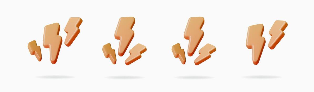 3D yellow lightning bolt icon set with smooth matte surfaces. Minimal electric symbols for energy, fast action, tech visuals and dynamic graphic design. Isolated render on white background vector