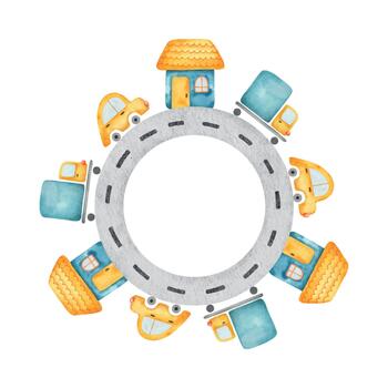 marco de ciudad calle camino, casas, camión y carros. aislado mano dibujado guirnalda de urbano paisaje en niños estilo. guardería modelo para niños bienes, tarjeta, papelería, póster vector