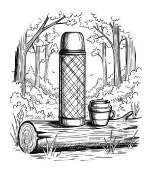 termo y taza en Iniciar sesión en bosque ajuste vector