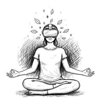 Person Meditating with Virtual Reality Headset, Surrounded by Abstract Leaves and Sparkles vector