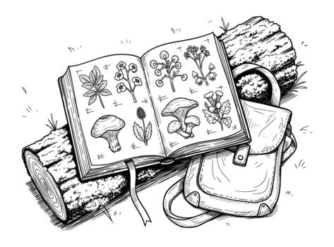 Open Botanical Field Journal with Plants and Mushrooms on a Log Beside a Backpack vector