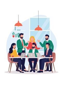 A diverse team of business professionals collaborates and discusses a new project during a productive meeting in a modern office. vector