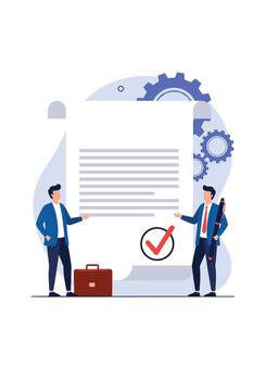 Two businessmen celebrate a signed contract or a successfully completed project holding up a large document with a checkmark. vector
