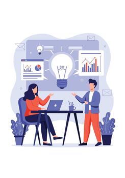 Two business colleagues collaborating and brainstorming creative solutions at a desk with a giant lightbulb symbolizing new ideas. vector