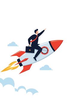 A successful businessman with a briefcase rides a rocket ship into the clouds representing a fast-growing startup or career boost. vector