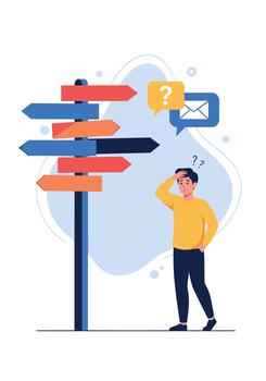 Confused young man standing at a crossroad with a signpost pointing in multiple directions symbolizing difficult choices and decisions. vector