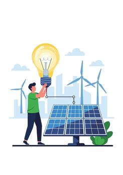 Man connecting a large lightbulb to a solar panel with wind turbines in the background promoting renewable green energy. vector