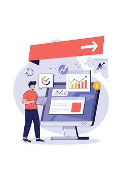 Businessman analyzes data on his laptop while standing in front of a large monitor displaying financial charts and growth graphs. vector
