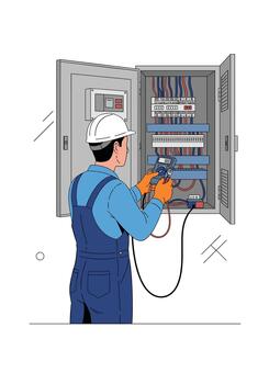 Professional electrician in a hard hat and overalls using a multimeter to check the wiring in an open electrical panel. vector