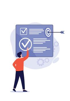 A man checks off completed tasks on a large digital interface to achieve his business goals as represented by a target icon. vector