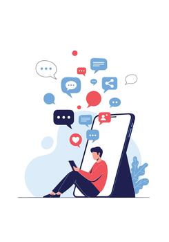 Young man sitting and using a tablet with various social media notification icons like chat and heart flying out. vector