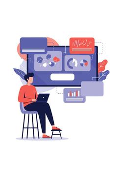 Data analyst sitting with a laptop and working with a large interactive dashboard showing charts graphs and business analytics. vector