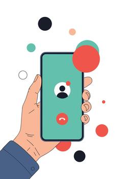 Hand holding a smartphone with an incoming call notification on the screen against an abstract background with circles. vector