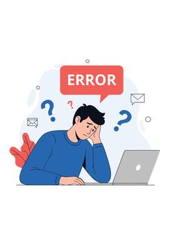Frustrated man sitting at his laptop is confused by a system error message and has many questions about the technical problem. vector