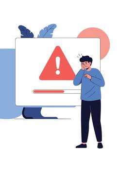 A worried man stands next to a computer screen displaying a large red warning symbol indicating a system error or security alert. vector