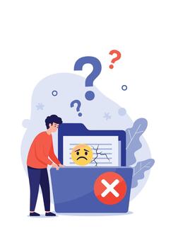 frustrado hombre mirando a un computadora carpeta con un triste emoji y un rojo X símbolo indicando un corrompido o perdido archivo. vector