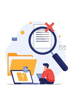 Confused man looking for information on a laptop with a large magnifying glass showing a document with a red X for error. vector