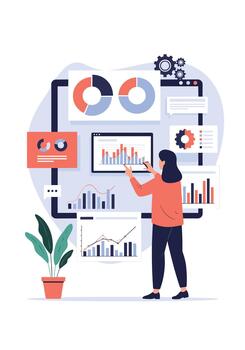 A female data analyst works with multiple interactive dashboards and screens to analyze and visualize complex business intelligence data. vector