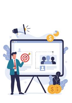 Businessman giving a marketing presentation pointing to a target audience analysis and financial goals on a project screen. vector