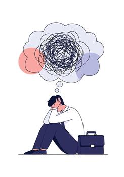 Stressed and depressed businessman sitting on the floor with his head in his hands and a tangled scribble in a thought bubble. vector