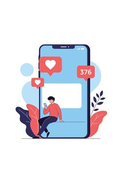 joven hombre sentado en un gigante teléfono inteligente y hojeada social medios de comunicación consiguiendo gustos y notificaciones en su móvil solicitud. vector