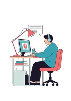 Person wearing headphones focuses on a computer screen while working or studying at a desk with a lamp and office supplies. vector