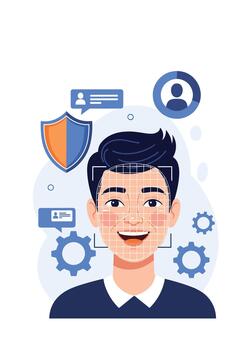 Biometric facial recognition technology scanning a smiling man's face for identity verification and digital security access. vector
