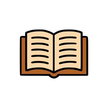 Open book flat icon with visible text lines in brown and beige, symbol of reading and knowledge vector