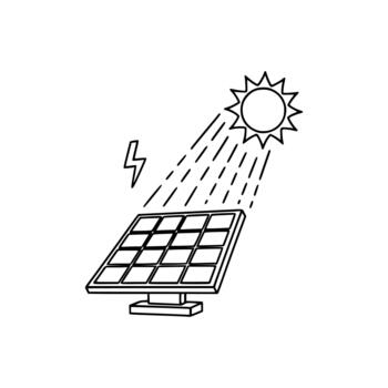 Hand-drawn linear icon of solar energy generation with sunlight beams and lightning bolt symbol for electricity output vector