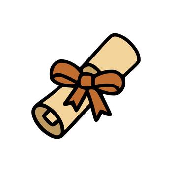 Flat icon of academic certificate rolled up and tied neatly with bow ribbon, symbol of honor and degree vector