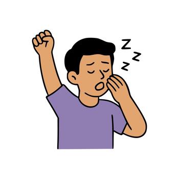 Cartoon character with closed eyes and raised arm showing tiredness and yawning gesture with sleeping symbol vector