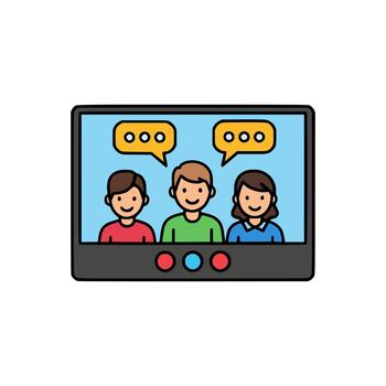 Three participants in virtual meeting interface with chat icons, perfect for teamwork, digital events, or online brainstorming vector