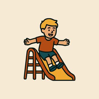 Boy playing on slide at playground, cheerful expression, retro flat style drawing with thick black outlines vector