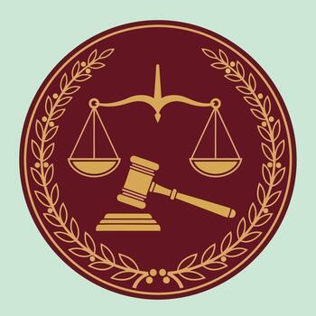 Legal justice emblem with golden scales and a judge's gavel inside a maroon circular seal with a laurel wreath border vector