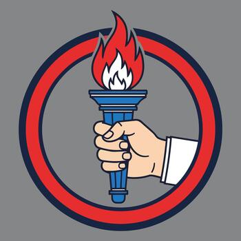Hand holding a flaming torch inside a red and blue circular emblem on a gray background vector